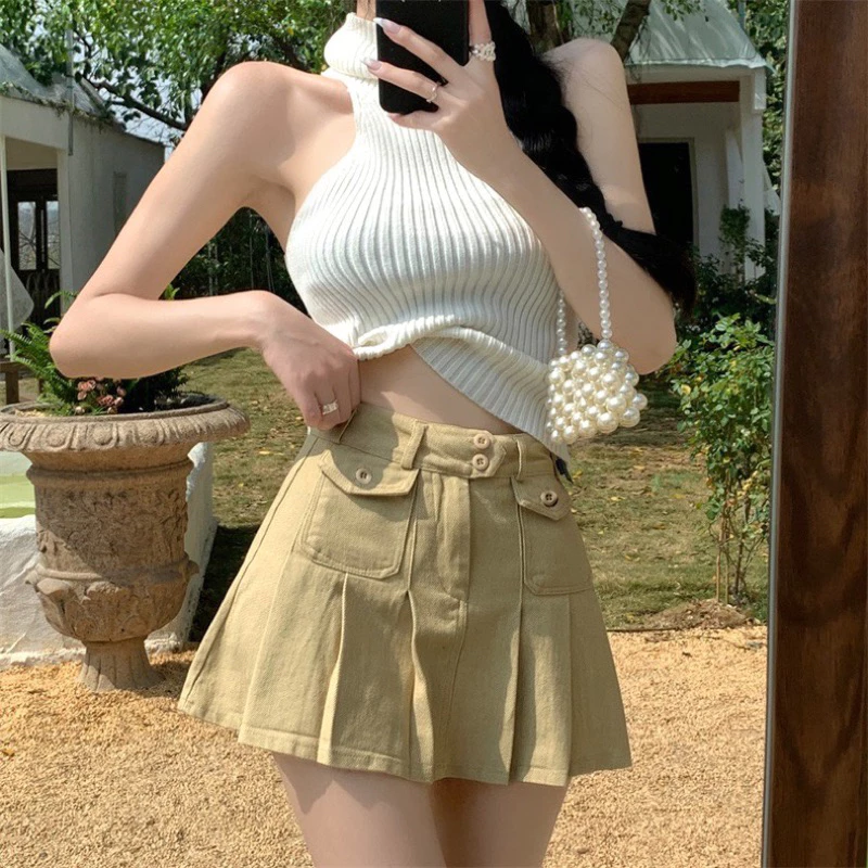 高腰修身顯瘦♥防走光 工裝感百褶裙
